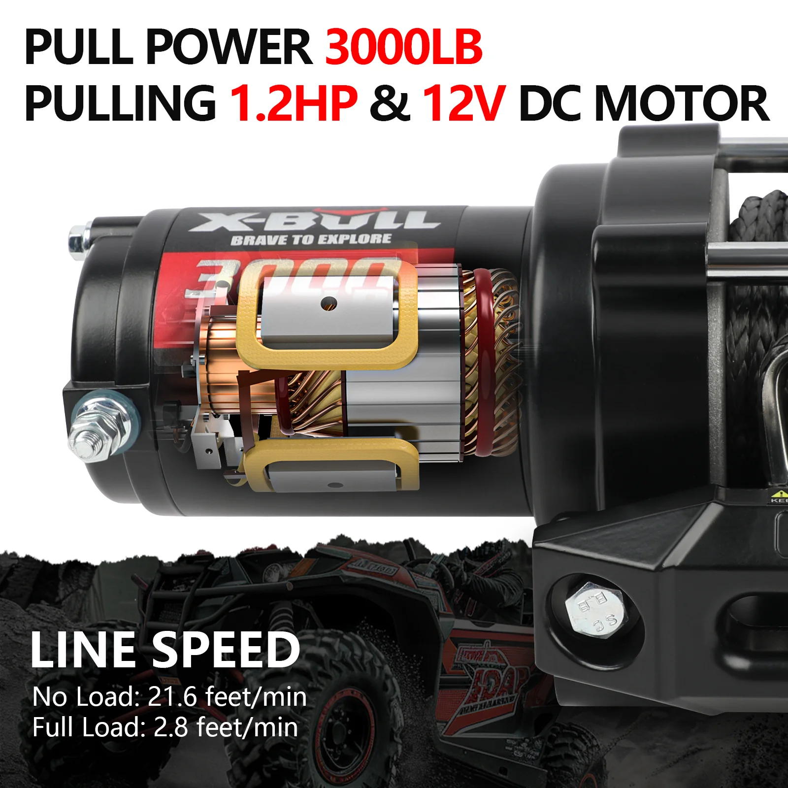 X-BULL 12V 2S Series Electric Winch 3000LBS 15M Synthetic Rope ATV UTV Boat Trailer Winch - Image 6