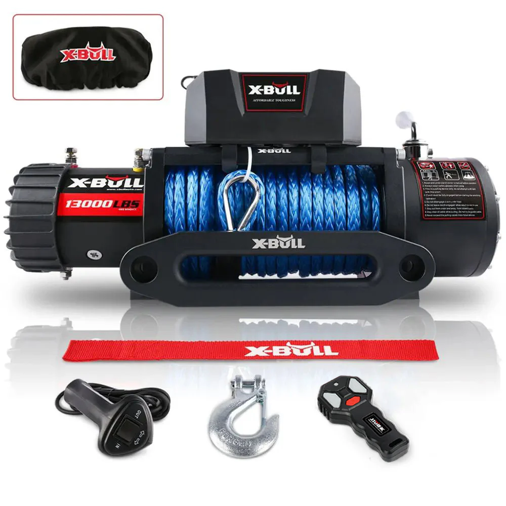 X-BULL Electric Winch 13000 LBS 12V Synthetic Rope SUV Jeep Truck 4WD Blue with Cover