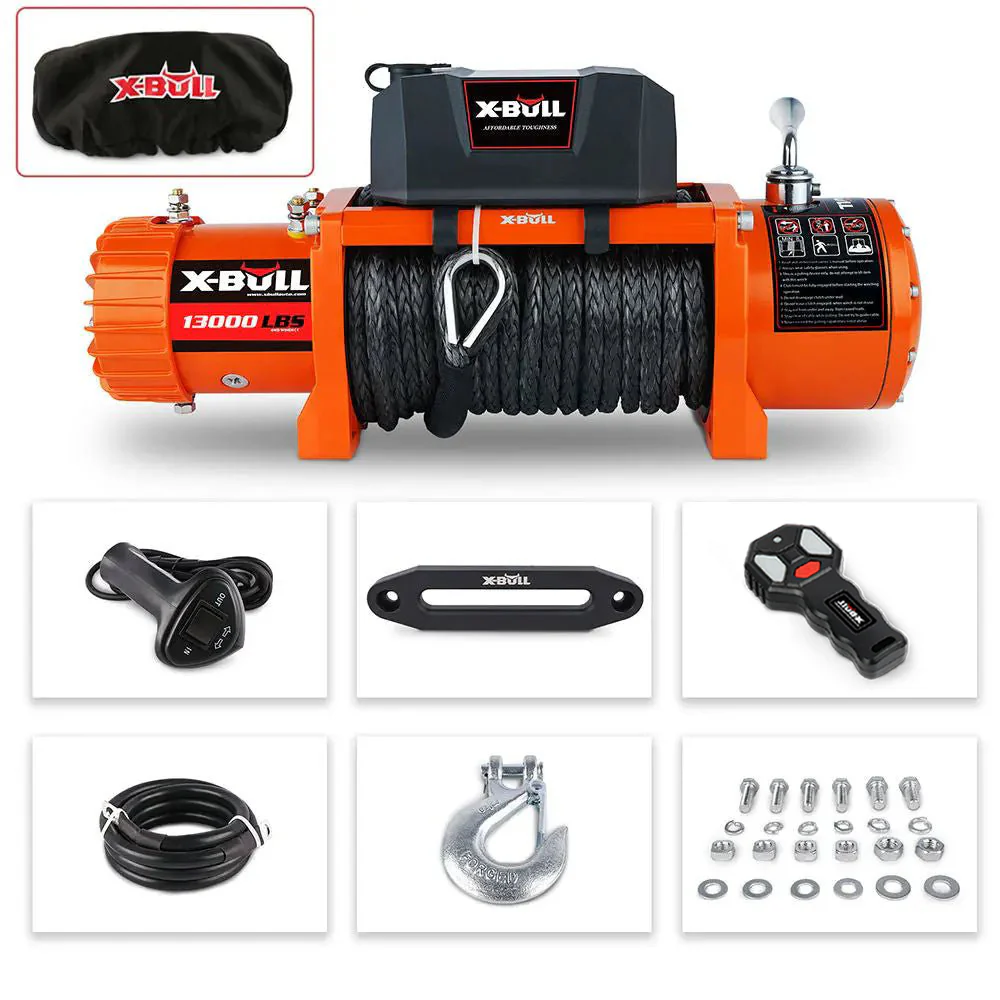X-BULL Electric Winch 13000 LBS 12V Synthetic Rope SUV Jeep Truck 4WD Orange - Image 5