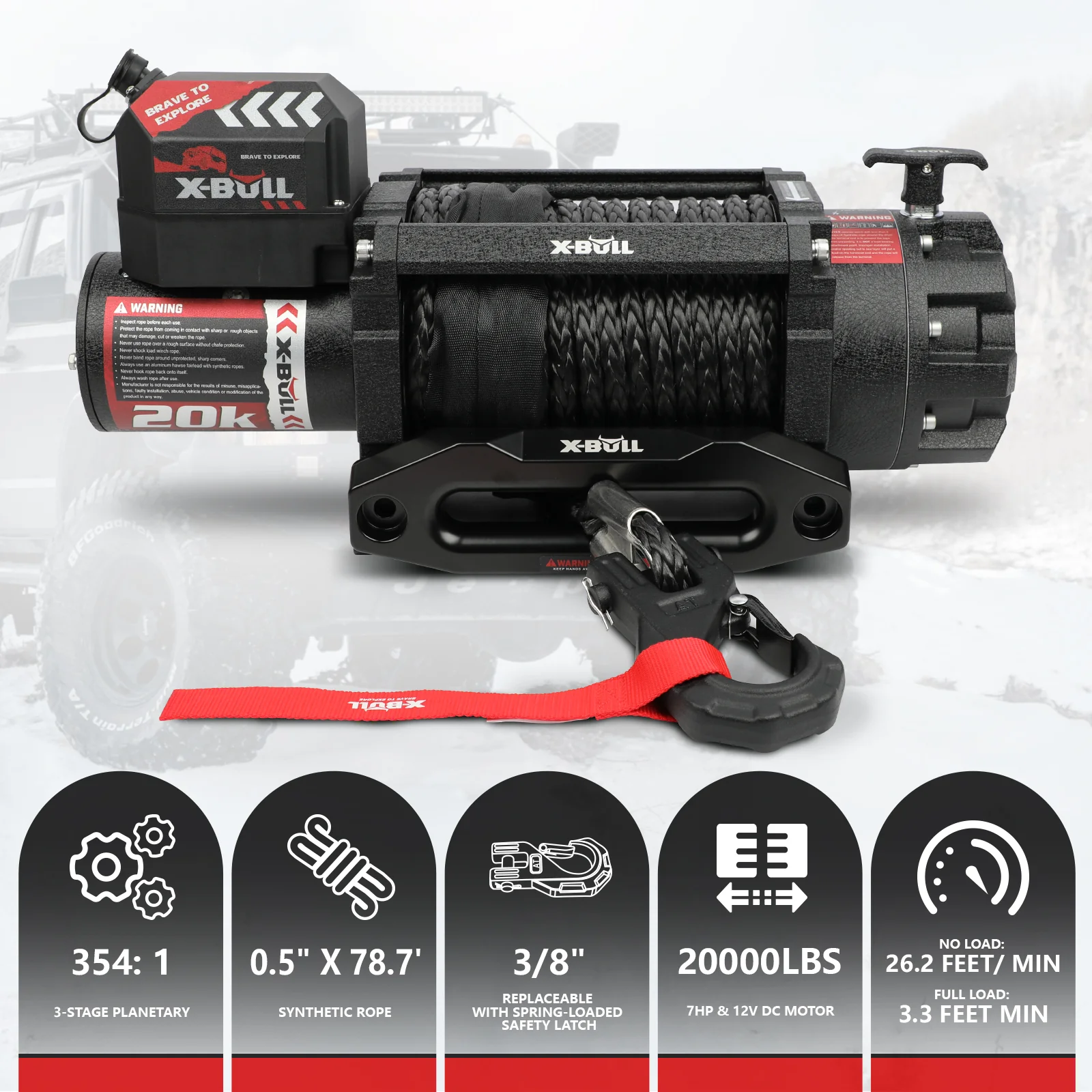 X-BULL Electric Winch 20000 LBS 12V Synthetic Rope SUV Jeep Truck 4WD - Image 3