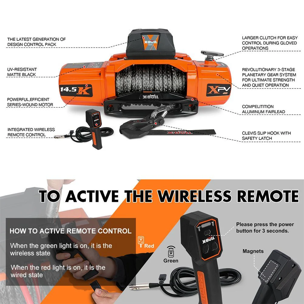 X-BULL Electric Winch XPV 14500 LBS 12V Synthetic Rope SUV Jeep Truck 4WD Orange - Image 10
