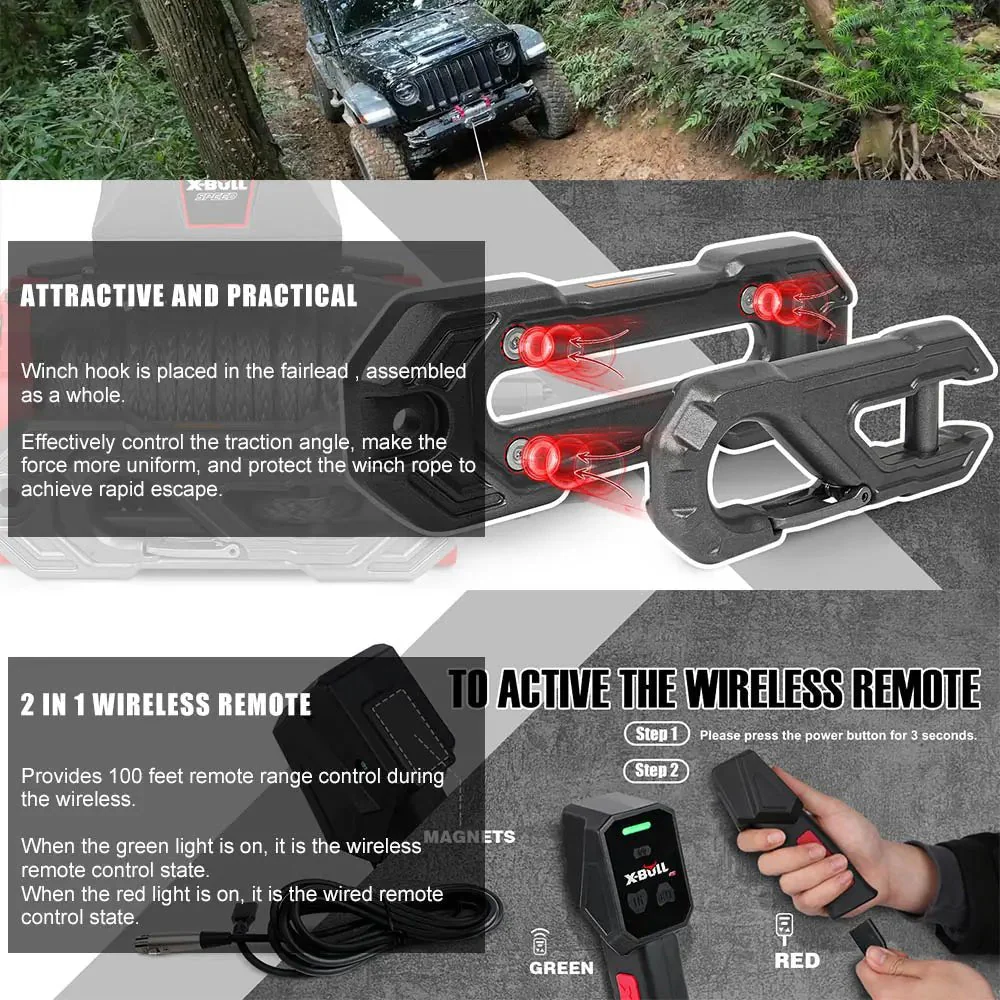 X-BULL Electric Winch XRS 13500 LBS 12V Synthetic Rope for Towing Truck Off Road with 2 in 1 Wireless Remote - Image 4